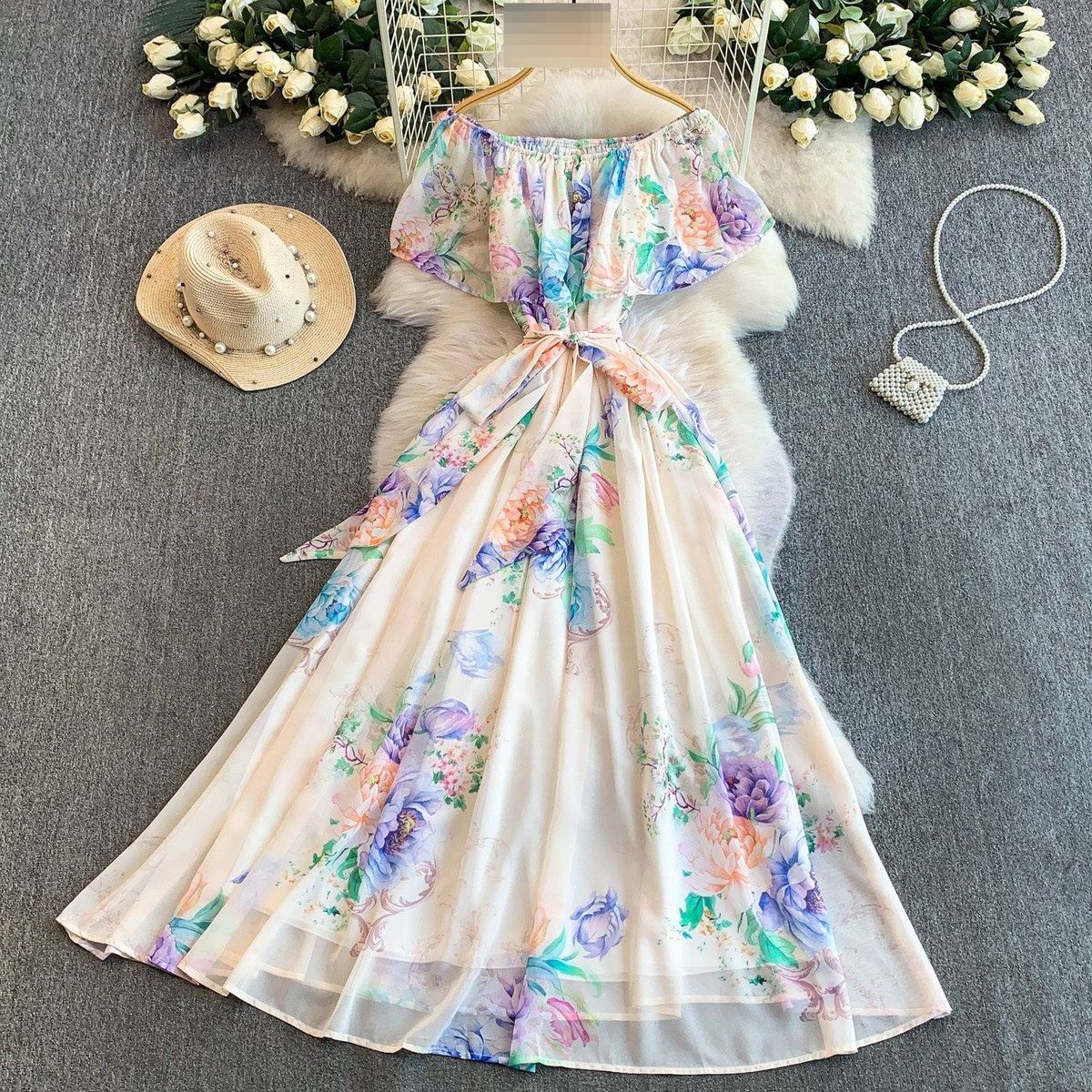 Elegant Off The Shoulder Ruffle Dress French Style Vacation Inspired Floral Print Cinched Waist Flowing Skirt For Spring And Summer_ecoleips.com