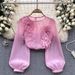 Women's Clothing Slim Fit Puff Sleeve Pullover Shirt French Style 3D Flowers Design Versatile Spring Top For Women_ecoleips.com