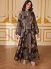 Women's Long Robe Dress Beaded Floral Embroidery Stand Collar Drawstring Muslim Fashion_ecoleips.com