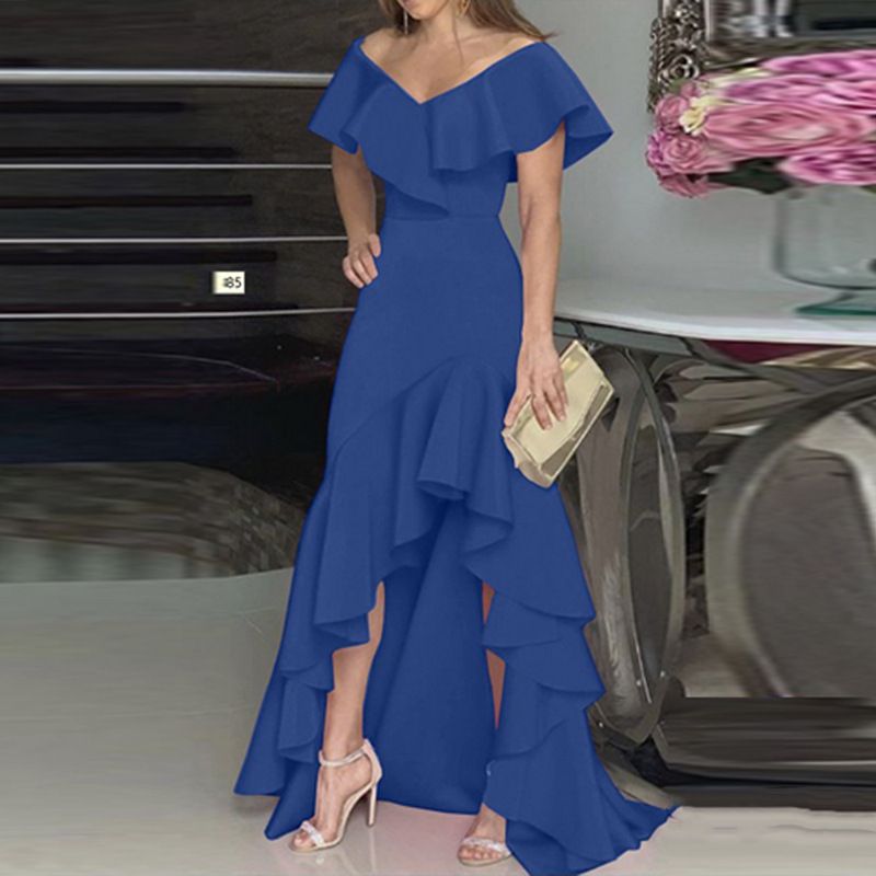 Women's Clothing Fashion Temperament V Neck Ruffled Irregular Elegant Dress_ecoleips.com
