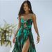 Women's Clothing Green Ink Print Hollow Swimsuit And Split Umbrella Skirt Holiday Suit_ecoleips.com