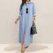Women's Striped Lapel Long Shirt Dress Open Front Slit Autumn_ecoleips.com