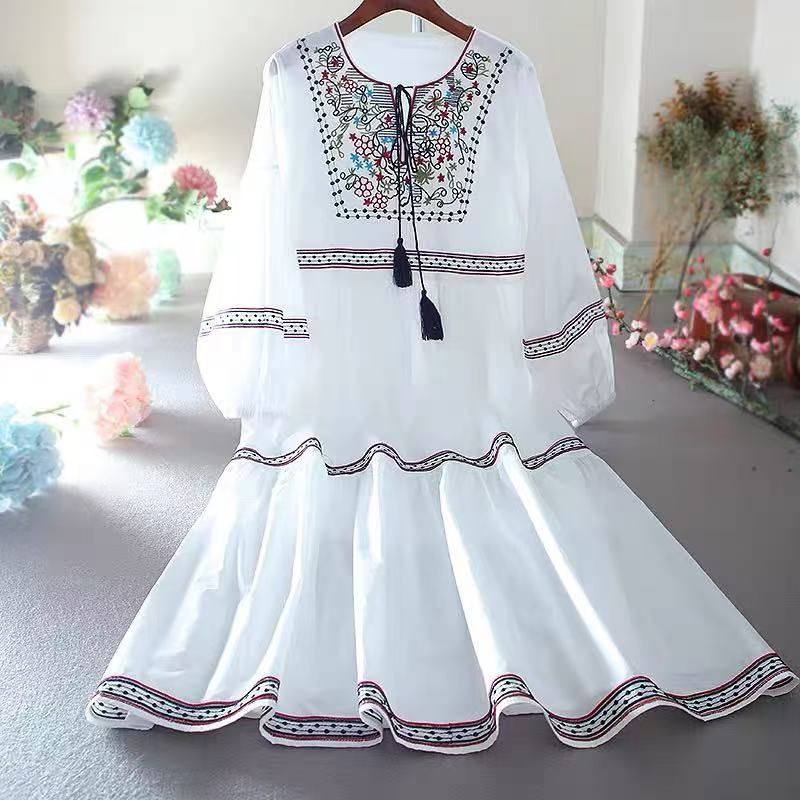 Cotton Linen Long Ethnic Style Lantern Sleeve Loose A-Line Tummy-Hiding Slimming Mid-Length Dress_ecoleips.com