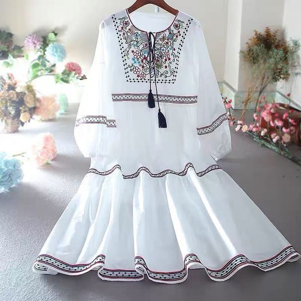 Cotton Linen Long Ethnic Style Lantern Sleeve Loose A-Line Tummy-Hiding Slimming Mid-Length Dress_ecoleips.com