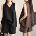 Fashion And Casual Sleeveless Shorts Set For Women In Summer 2025, New Loose Plus V-neck Solid Color Vest Two-piece Set_ecoleips.com