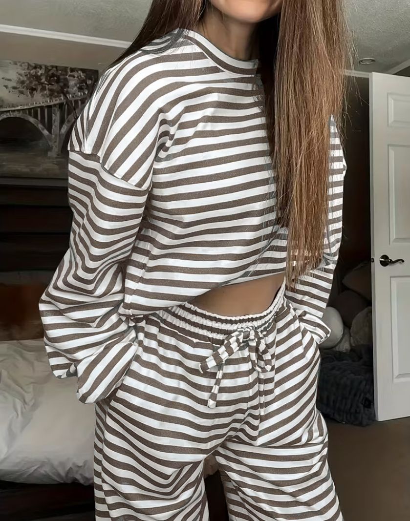 Women's Fashion Casual Suit Striped Long Sleeved Top And High Waisted Trousers Spring Autumn Clothing Set Style_ecoleips.com