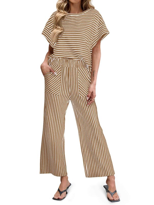 Women's Striped Two Piece Set Summer Casual Comfortable Wide Leg Pants Short Sleeve Crew Neck T-Shirt_ecoleips.com