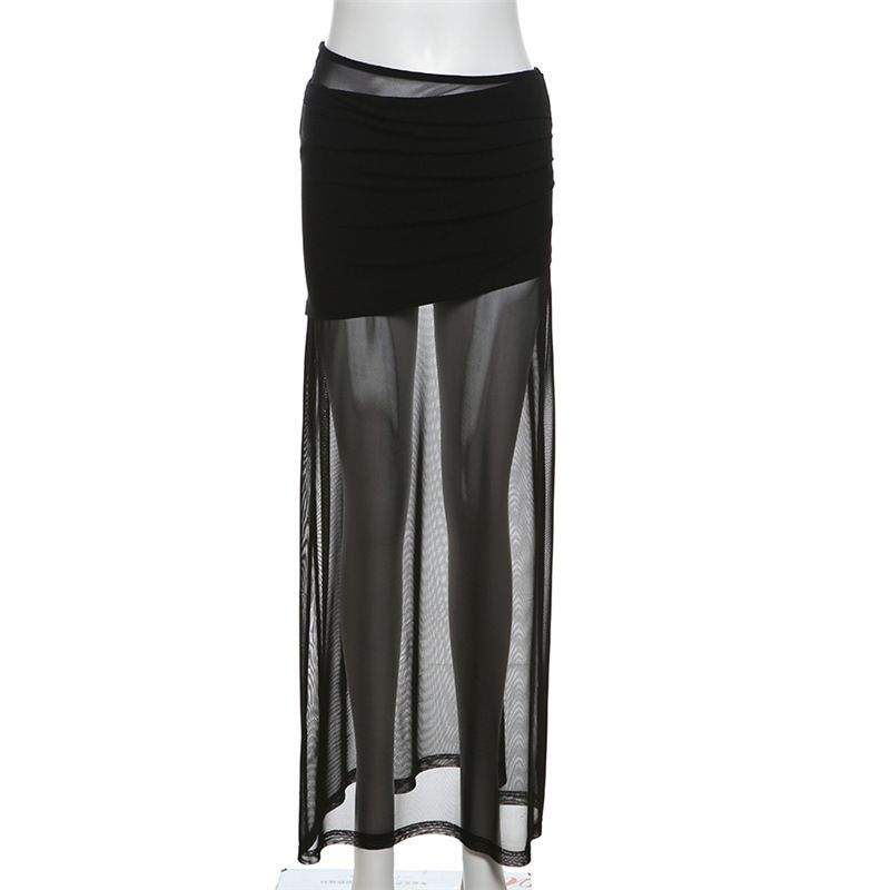 Verve 2025 Spring New Women's Solid Color Slim Fit Mesh Sheer Waist-Cinching Bodycon Long Midi Skirt_ecoleips.com