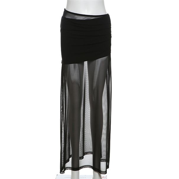 Verve 2025 Spring New Women's Solid Color Slim Fit Mesh Sheer Waist-Cinching Bodycon Long Midi Skirt_ecoleips.com