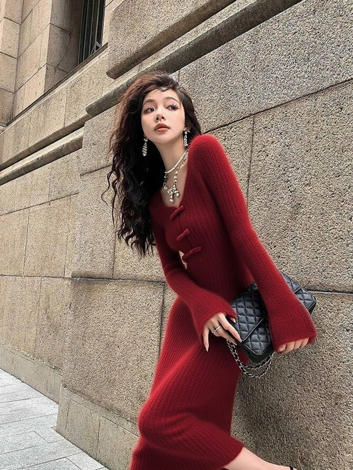 Guoguo's Red Knitted Dress For Women, 2025 Autumn Winter Model, Christmas And New Year Party, New Chinese-style Formal_ecoleips.com