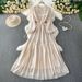 Elegant French Lace Embellished Lantern Sleeve Dress With Smocked Waist & Flared Hem For Women_ecoleips.com