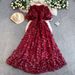 High-End French Style 3D Floral Puff Sleeve Dress Elegant Ethereal Mesh Long Women's Dress_ecoleips.com