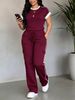 Women's Casual Two Piece Set Spring Summer Crew Neck Short Sleeve Top High Waisted Drawstring Loose Fit Cargo Pants_ecoleips.com