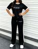 Women's Simple Sport 2-piece Set, Classic Print Colorblock Tee & Stretch Knit Side-stripe Drawstring Wide Leg Pants For Spring Summer Commute & Gym_ecoleips.com
