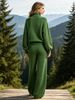 Women Ribbed Knit 2 Piece Tracksuit, Loose Lightweight Hollow Eyelet Skin Friendly Half Zip Long Sleeve Top Wide Leg Pants Set_ecoleips.com