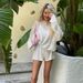 Spring Casual Women's Two Piece Set Solid Color Sheer Round Neck Long Sleeve Top With Tie Waist Shorts_ecoleips.com