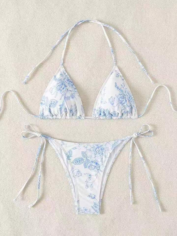 Women's Clothing Sexy Ink Painting Printed Halter Neck Tethered Multicolor Bikini_ecoleips.com