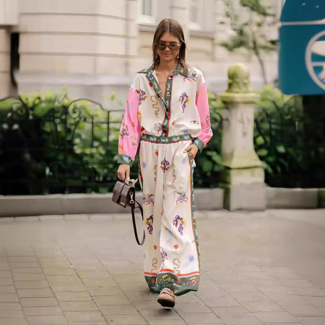 Women's clothing casual fashion all-match linen printed macaron long-sleeved suit_ecoleips.com