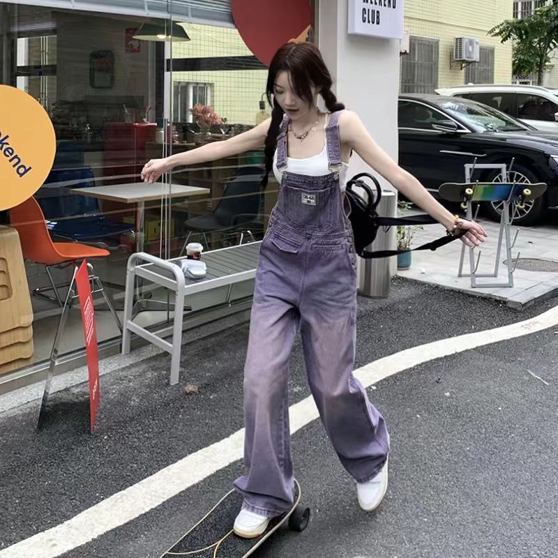 Washed Purple Denim Overalls For Women, Summer Vintage Straight-leg Loose Slimming Wide-leg Jumpsuit_ecoleips.com