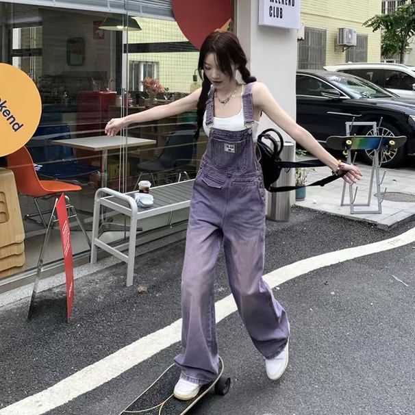 Washed Purple Denim Overalls For Women, Summer Vintage Straight-leg Loose Slimming Wide-leg Jumpsuit_ecoleips.com