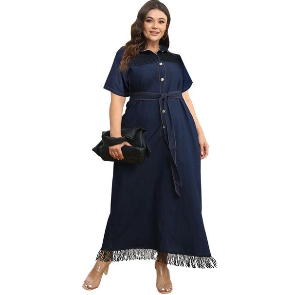 plus Size Women's Short Sleeve Long Dress with Tassel Buttons And Belt Summer Independent Store Fashion for plus Size Ladies_ecoleips.com