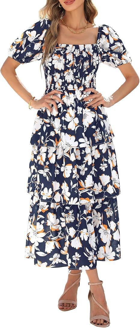 Women's Square Neck Long Dress Chiffon Waist Cinching Floral Print Cake Style Fashion Short Sleeve_ecoleips.com