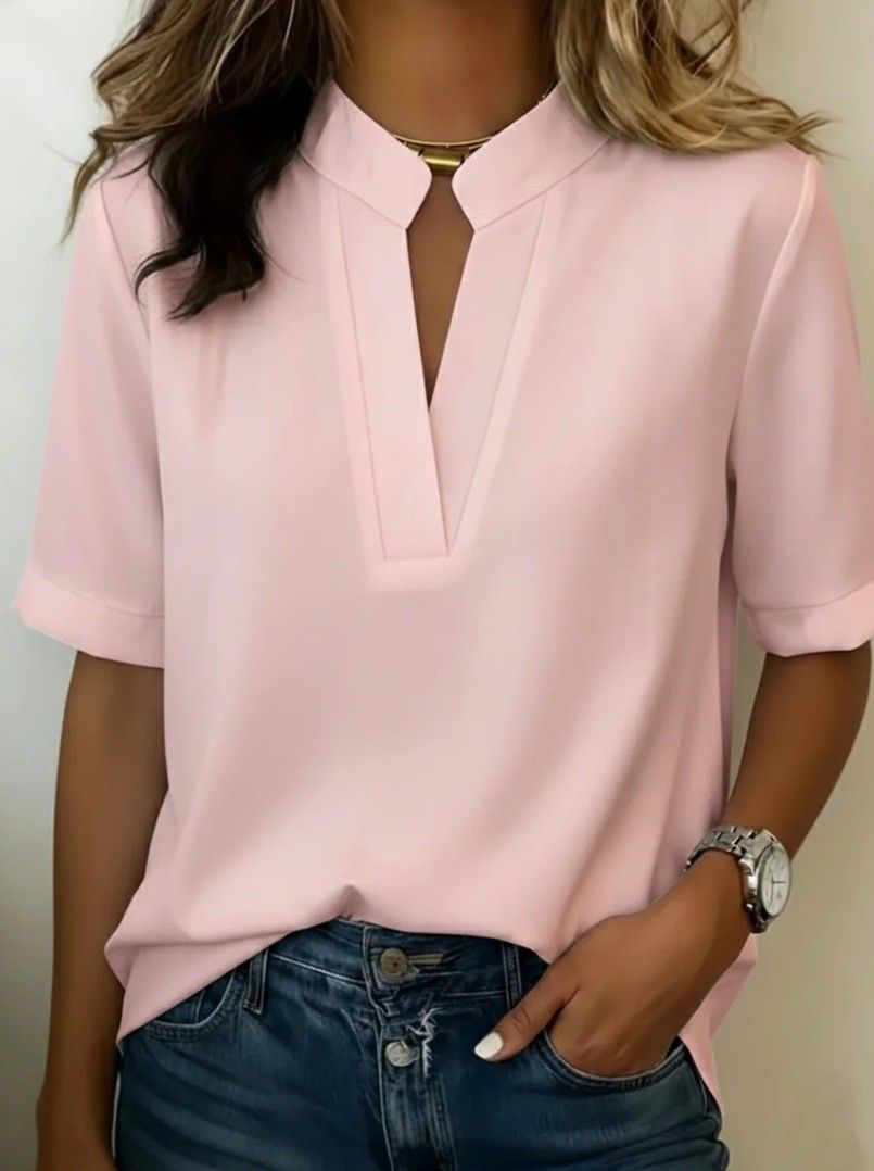 2026 Summer New Solid Color Casual Pullover Short-sleeved Shirt Women's Loose Large Size Shirt Women's_ecoleips.com