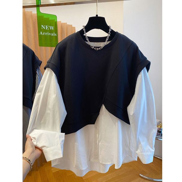 Women's Clothing New Design Sense Literary Style Fake Two Piece Striped Stitching Loose Slim Long Sleeved Shirt Tops For Women_ecoleips.com