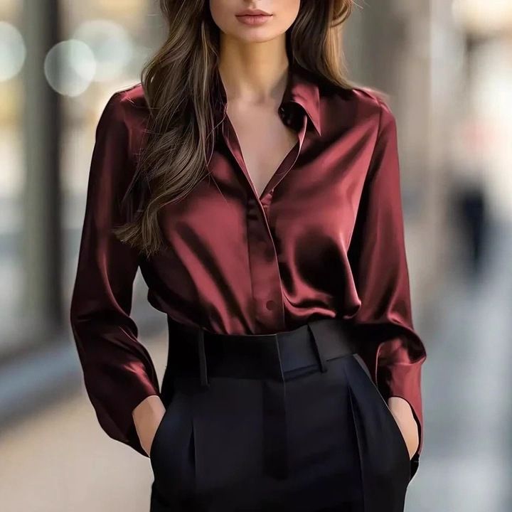 Women's V-Neck Office Blouse – Wrinkle-Resistant Polyester Work Shirt (S-XXL, Black/Burgundy/Navy)_ecoleips.com