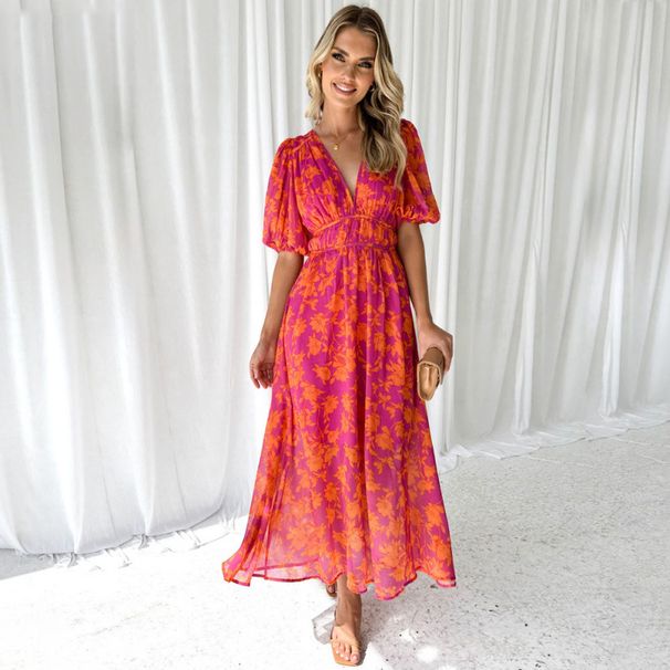 Summer Bohemian Long Dress Women's V Neck Printed Puff Sleeve Waist Defining Beach Dress European And American Style 2025_ecoleips.com