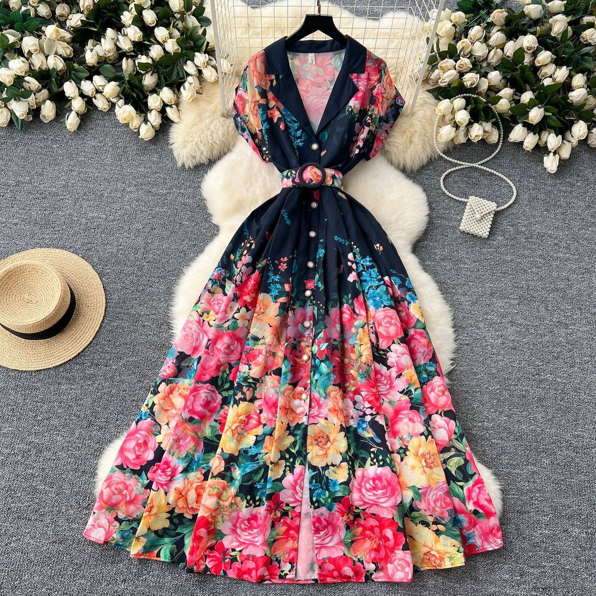 Women's Dress Summer Style Celebrity Temperament Waist Single Breasted Lapel Printed Medium Length_ecoleips.com