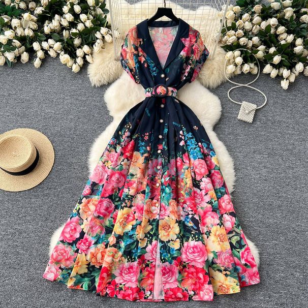 Women's Dress Summer Style Celebrity Temperament Waist Single Breasted Lapel Printed Medium Length_ecoleips.com