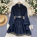 Women's Chic Retro Denim Dress Hong Kong Style Slimming Loose Fit With Irregular Belted Waist For Casual Spring Wear_ecoleips.com