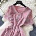 French Style Women's Lace V Neck Dress Butterfly Hollow Out Summer Korean Short Sleeve Waist Cinching Slimming A-Line Skirt Pink_ecoleips.com