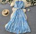 French Style Floral Print Long Dress Summer V Neck Waist Cinching A Line Skirt Slimming Elegant Women's Dress_ecoleips.com