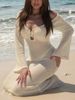 Women Sexy White Crochet Knit Maxi Dress 2026 Summer, Hollow V-Neck Long Sleeve Back Cover-up Dress For Beach Vacation Sun Protection_ecoleips.com