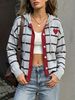 Grey Navy Stripe Heart Pit Rib Knit Hooded Cardigan, Loose Lightweight Breathable Soft Skin-touch Drawstring Button Jacket_ecoleips.com