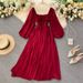 Women's Clothing Chic Gentle Style Square Neck Puff Sleeve Dress French Retro Chiffon Skirt Autumn_ecoleips.com