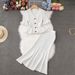 French Style Two Piece Women's Set Elegantly Fitted V Neck Knit Top With Ruffled Hem And Bodycon Skirt For Spring/Autumn/Summer_ecoleips.com