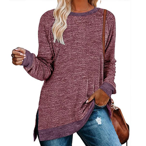 Cross-border European And American Women's Clothing Independent Station Long-sleeve Round-neck Color-blocked Slit_ecoleips.com
