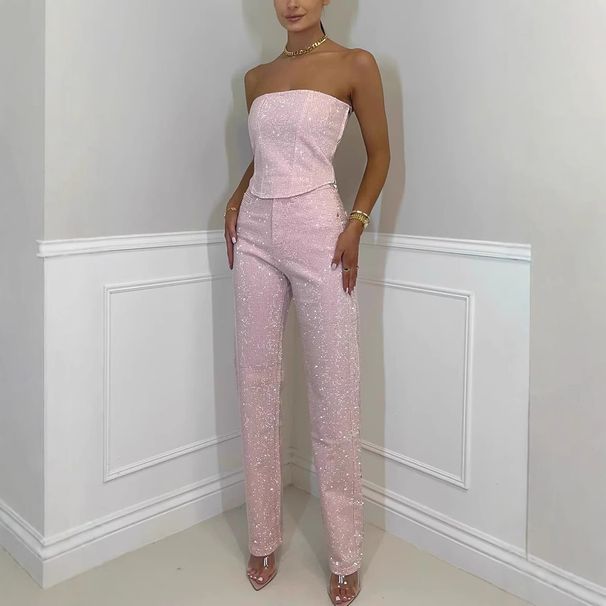 2025 European American Cross-border Independent Site Sexy Off-shoulder Shiny Tank Top And Diamond Pants_ecoleips.com