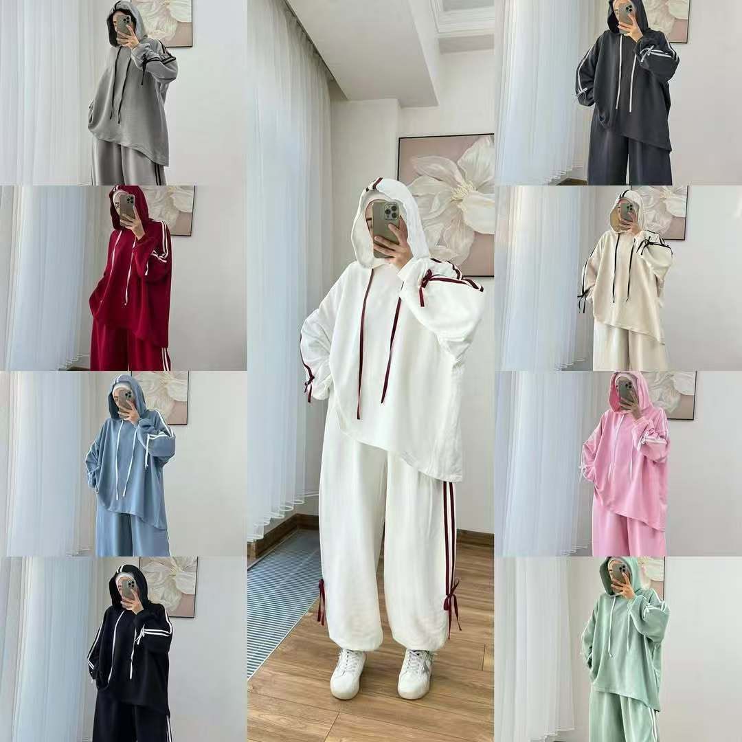 Cross-Border Foreign Trade Long-Sleeve Hooded Wide-Leg Pants Elegant Korean Commuter Fashion Sports Two-Piece Set_ecoleips.com