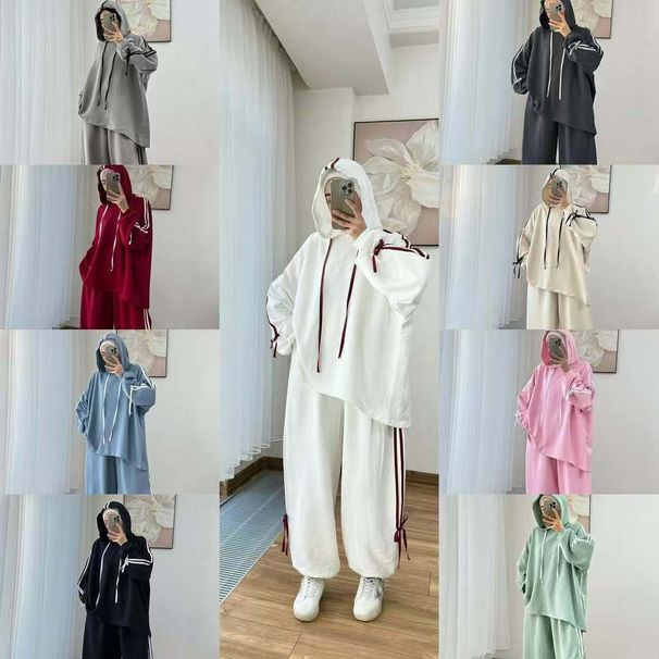 Cross-Border Foreign Trade Long-Sleeve Hooded Wide-Leg Pants Elegant Korean Commuter Fashion Sports Two-Piece Set_ecoleips.com