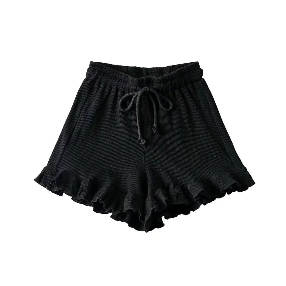 Women's Versatile Casual Lace Waffle Shorts Trendy Ruffled Trim Elastic Waist Summer Sports Pants Hot Pants_ecoleips.com