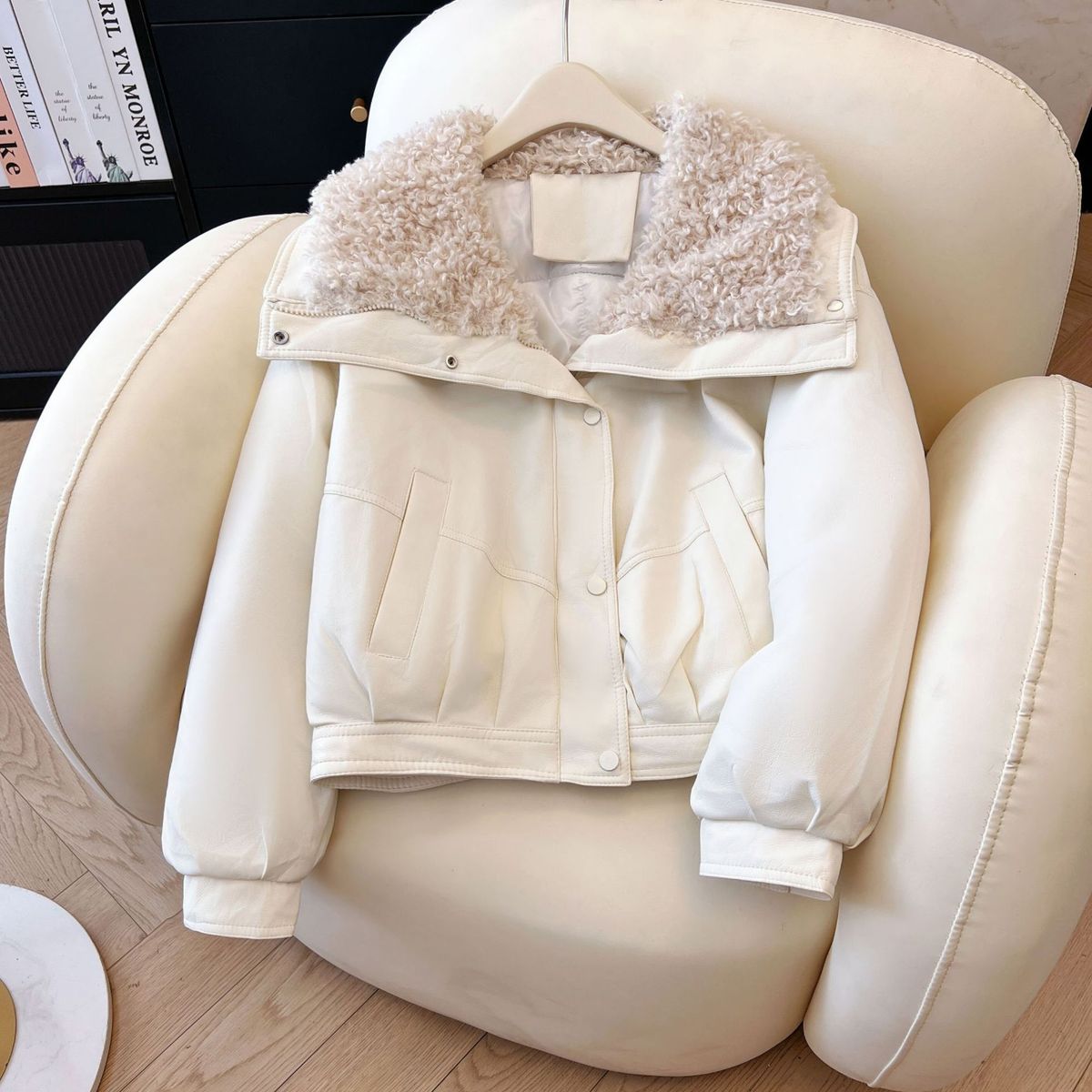 Lamb-Like Faux Shearling Collar PU Leather Jacket - Winter Cozy Oversized Coat For Women, Warm Polyester Filling, Casual & Office Style_ecoleips.com