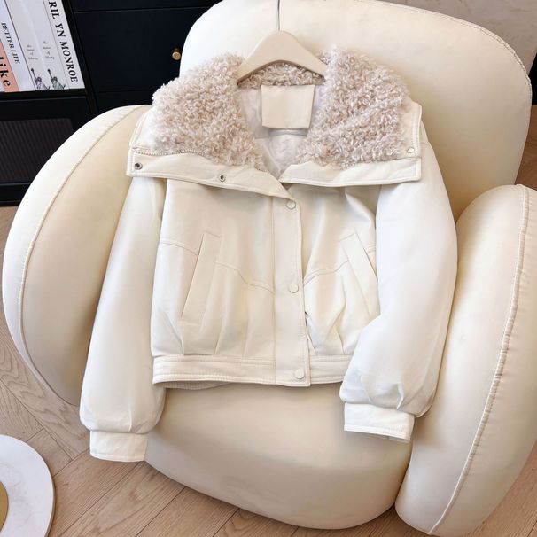 Lamb-Like Faux Shearling Collar PU Leather Jacket - Winter Cozy Oversized Coat For Women, Warm Polyester Filling, Casual & Office Style_ecoleips.com