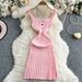 Women's Clothing Sexy Square Neck Knitted Suspender Dress Elastic Waist Slim Pleated Mid Length Skirt_ecoleips.com