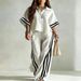 2027 Summer Fashion European-USA Style Women Lapel Half Button Short Sleeve Shirt +Elastic Waist Pants Striped Two-Piece Casual Sets S-5XL_ecoleips.com