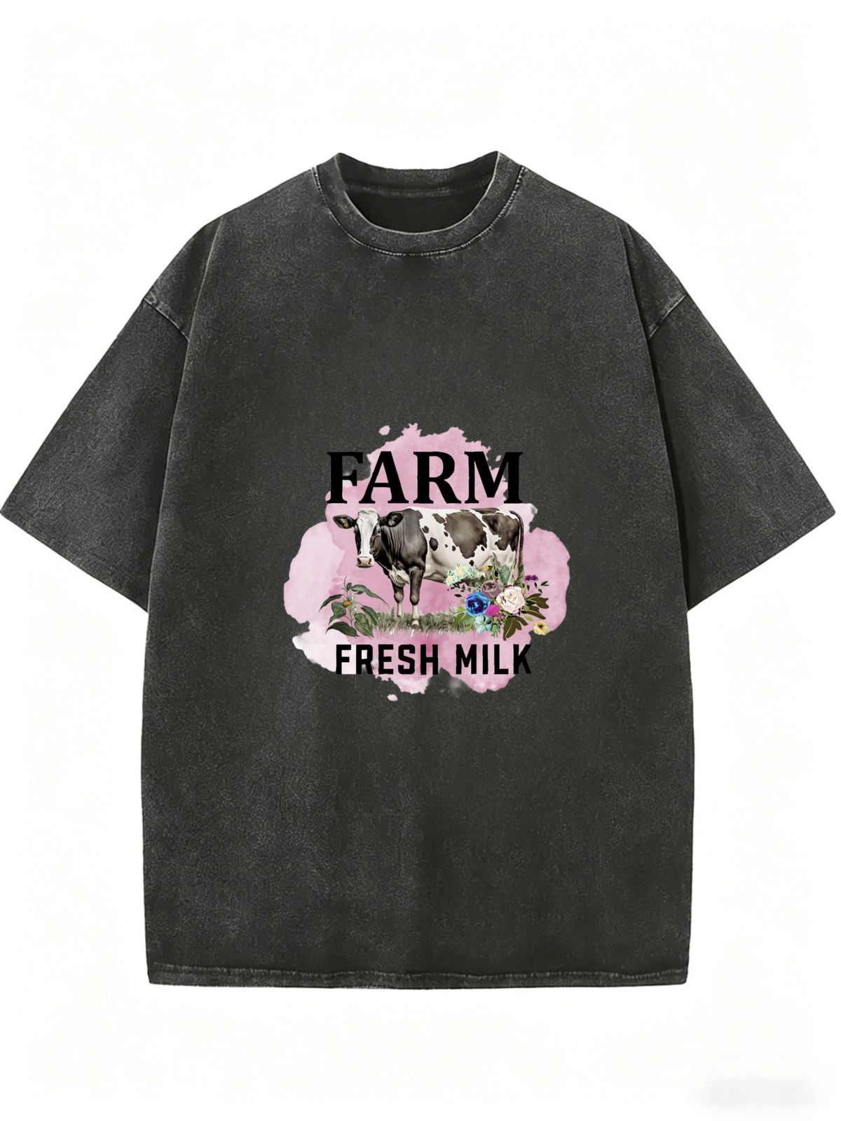 Farm Fresh Milk Cow Floral Graphic Acid Wash Washed Oversized T Shirt Women Crew Neck Short Sleeve Loose Vintage Country Casual Tee_ecoleips.com
