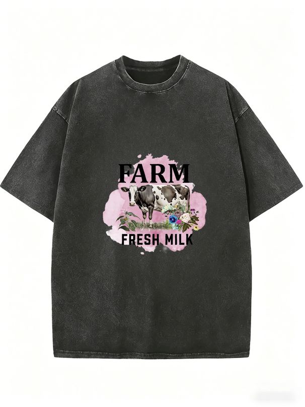 Farm Fresh Milk Cow Floral Graphic Acid Wash Washed Oversized T Shirt Women Crew Neck Short Sleeve Loose Vintage Country Casual Tee_ecoleips.com